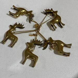 Vintage Brass Reindeer Ornaments Set of 5 Mid Century Style Holiday Decor